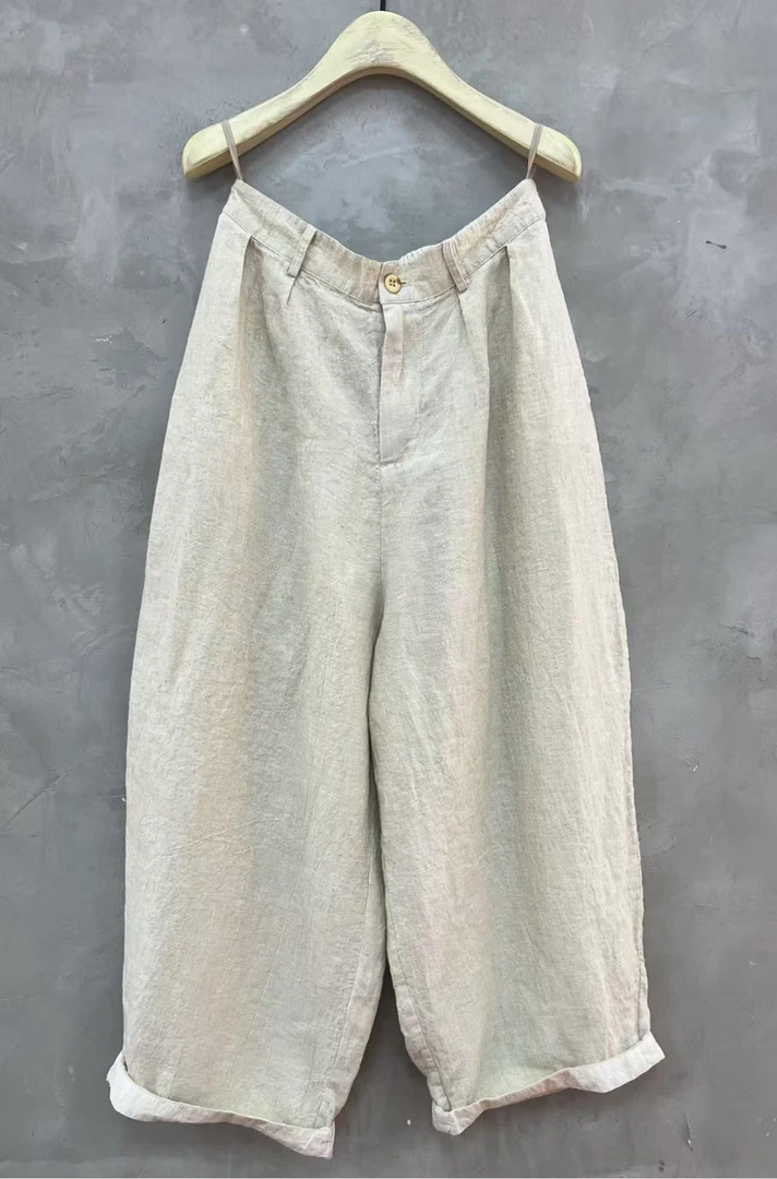 古蘭木-复古做旧休闲半松紧麻料休闲长裤3723