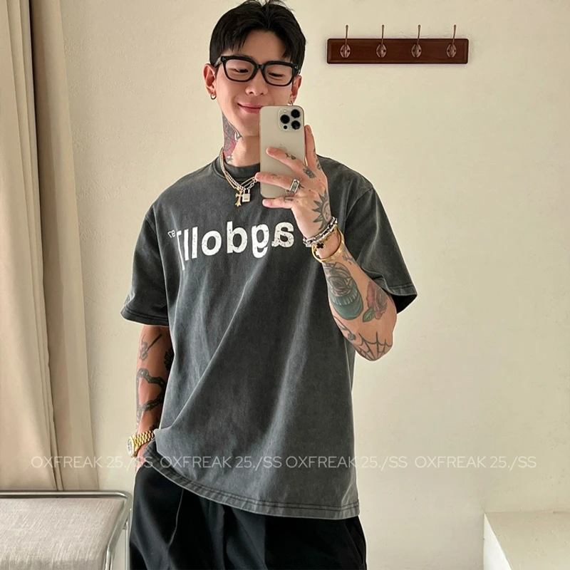 OXFREAK「斑驳字母印花」320g水洗做旧短袖t恤男美式宽松圆领半袖