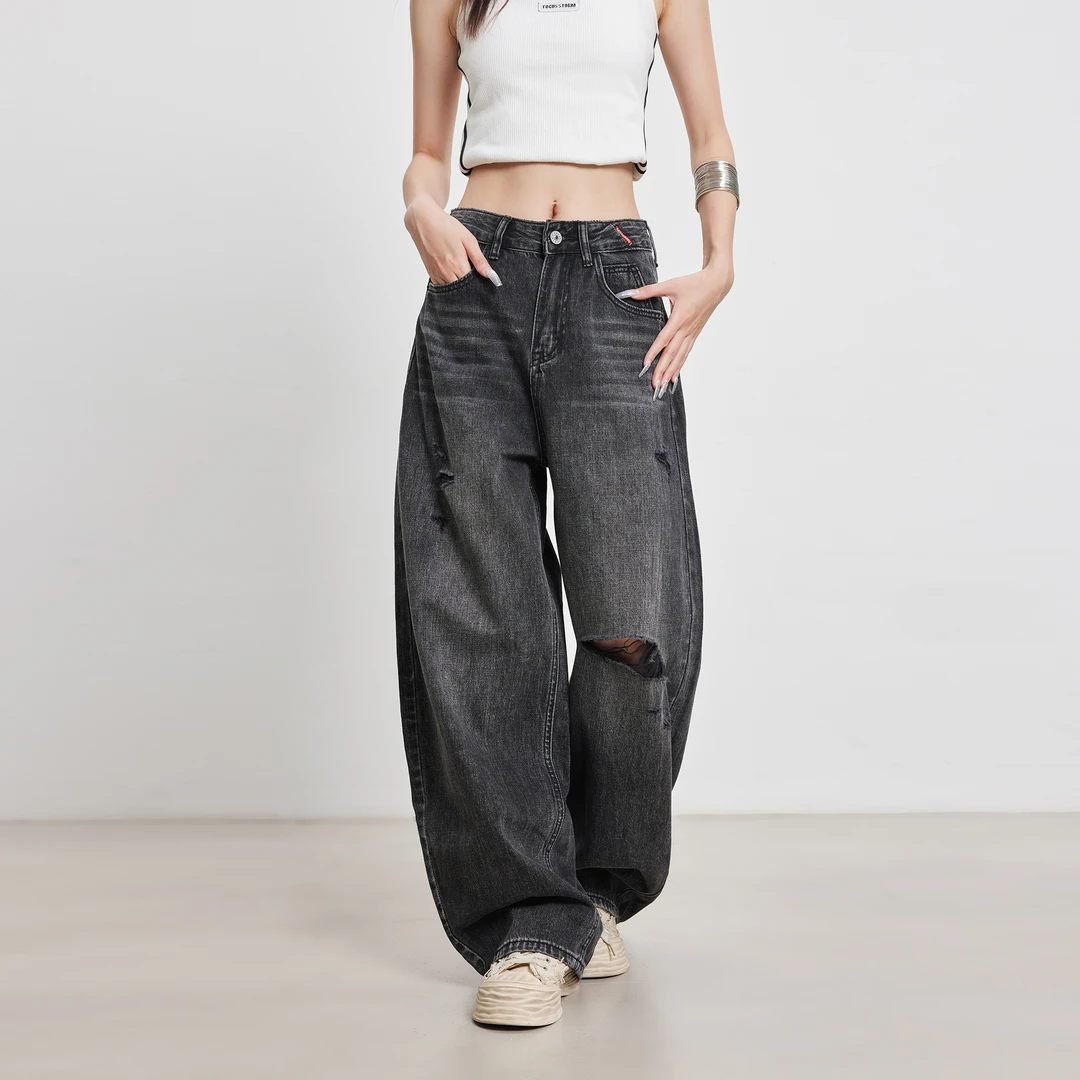 法拉陈黑灰色薄款牛仔裤女士水洗做旧阔腿长裤休闲美式破洞弯刀裤