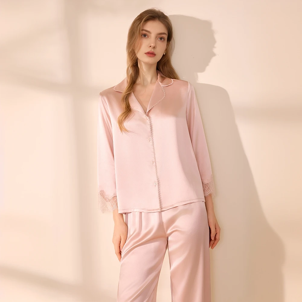 西湖丝韵【秋季新品-重磅蕾丝拼接】奢华真丝睡衣女桑蚕丝家居服