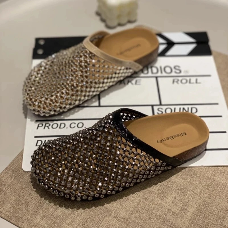 2025新款时尚厚底网面水钻包头拖女外穿平底懒人一脚蹬沙滩凉拖鞋