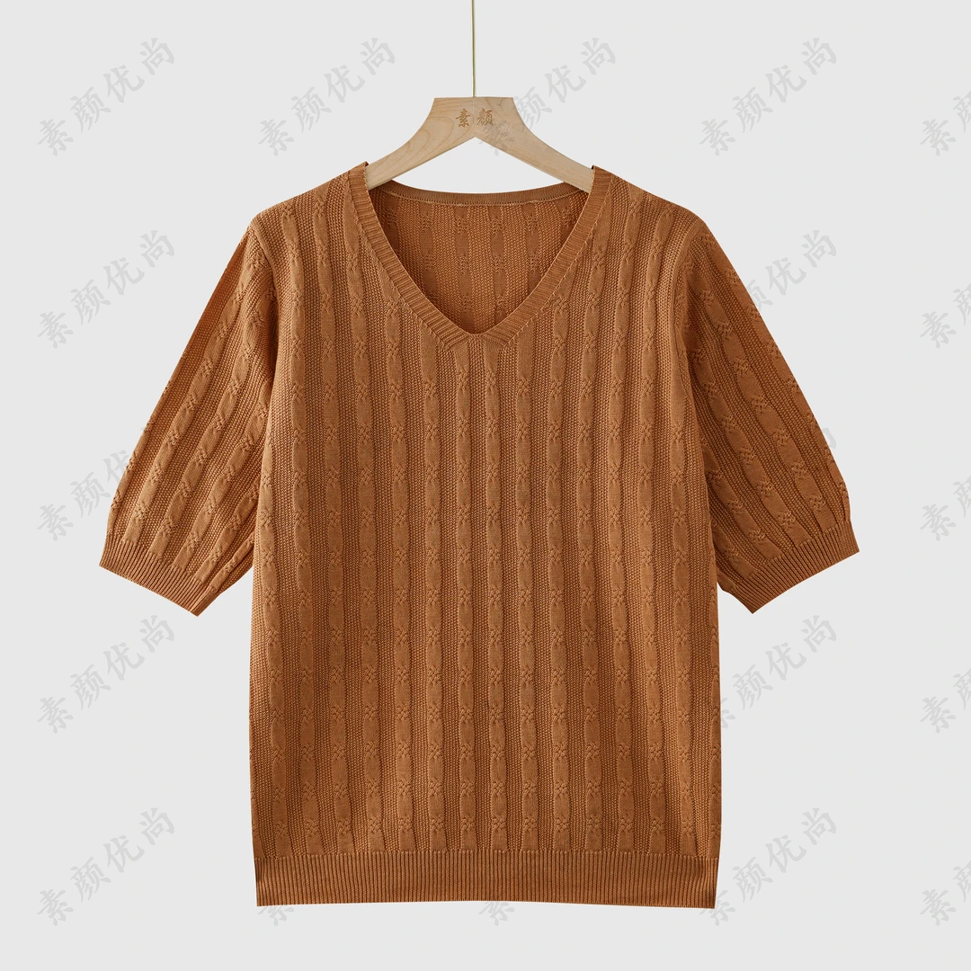 【素颜】2025夏季新款重工提花V领针织麻上衣