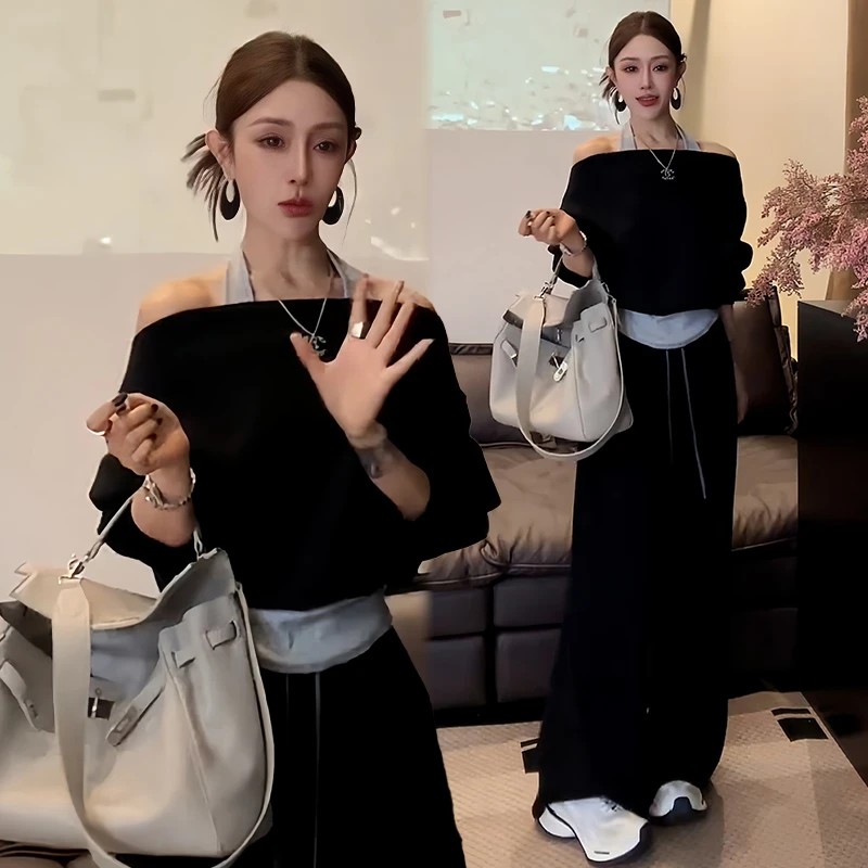 高含棉韩系休闲设计感套装女2025秋冬新款一字肩上衣阔腿裤两件套