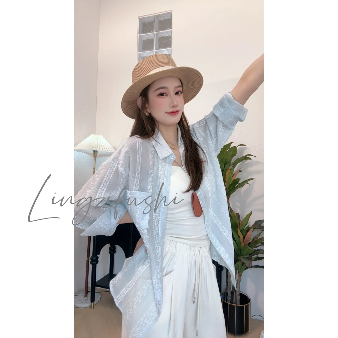 【现货】薄款防晒衬衫女2025夏季新款宽松显瘦长袖百搭蕾丝钩花外搭