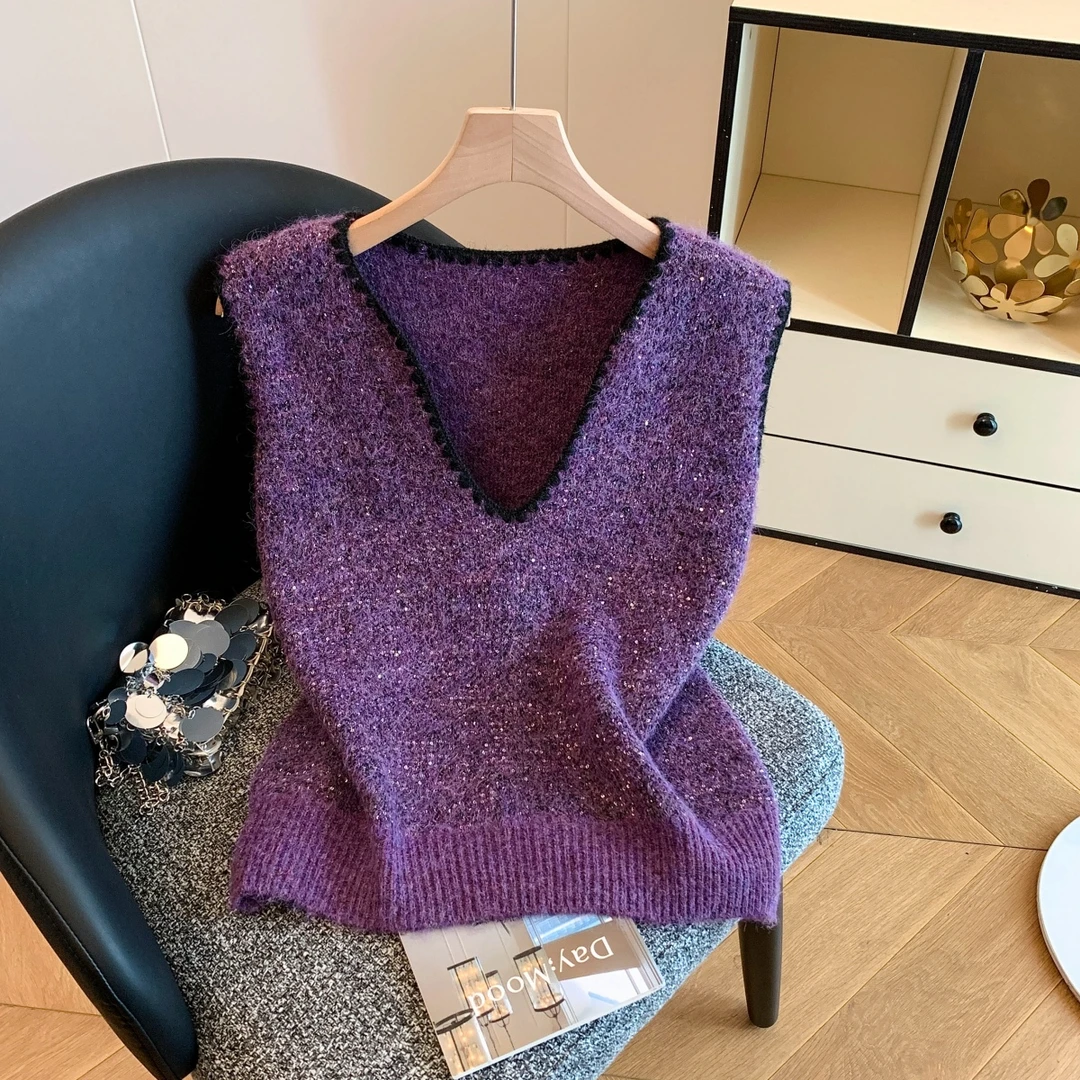 小香风亮片闪闪V领针织马甲女秋冬外穿洋气时髦叠穿无袖毛衣背心