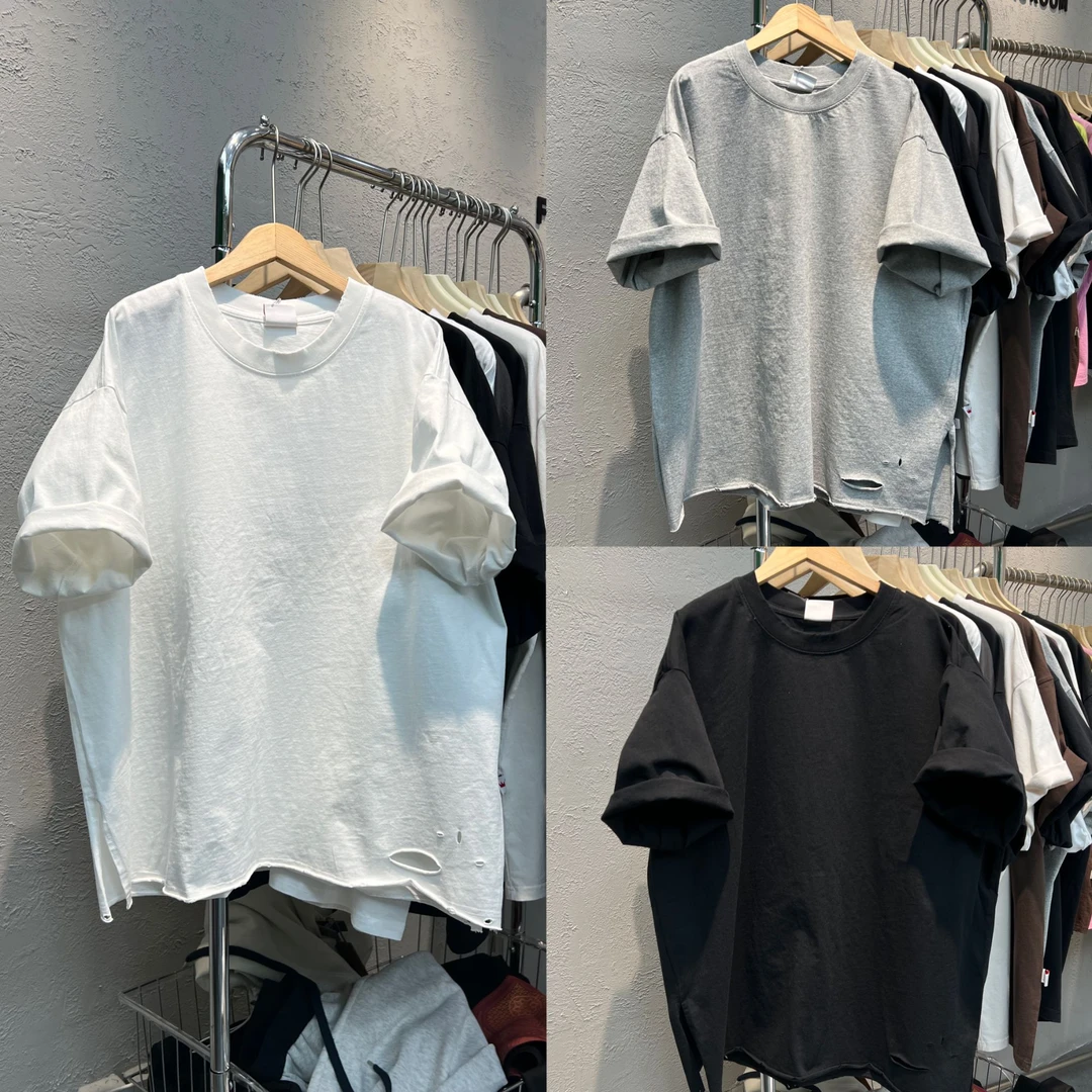 7800夏季新款韩版侧开叉破洞宽松休闲圆领大版短袖T恤女