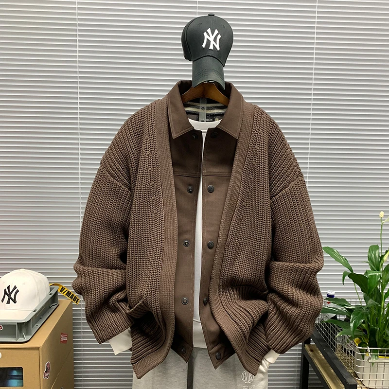 毛衣针织开衫设计感假两件羽绒服外套男冬季新款潮流防风保暖上衣