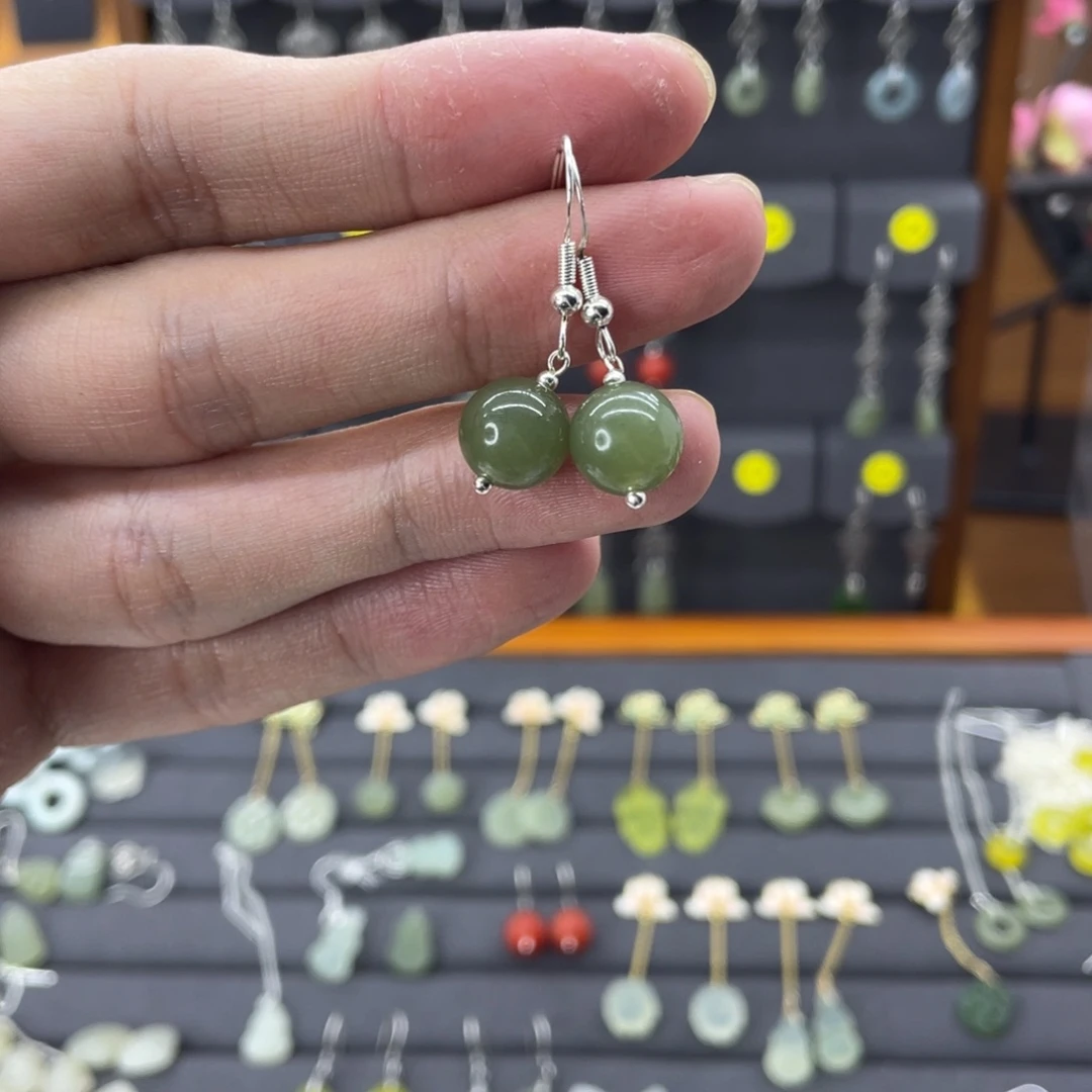 和田玉耳饰银S925镶嵌