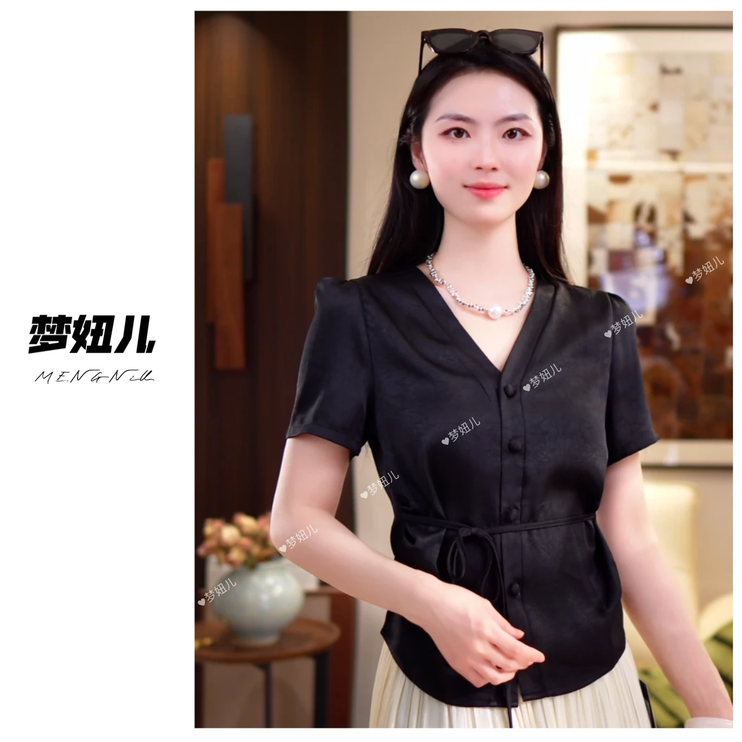 收腰醋酸缎面短袖T恤女夏季2025新款显瘦绑带衬衣设计感气质上衣