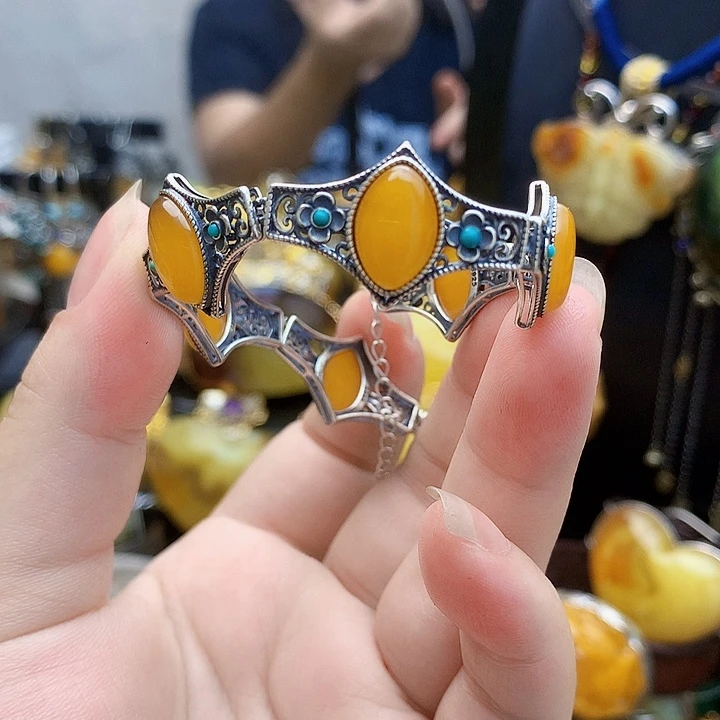 银S925镶嵌琥珀裸石手镯