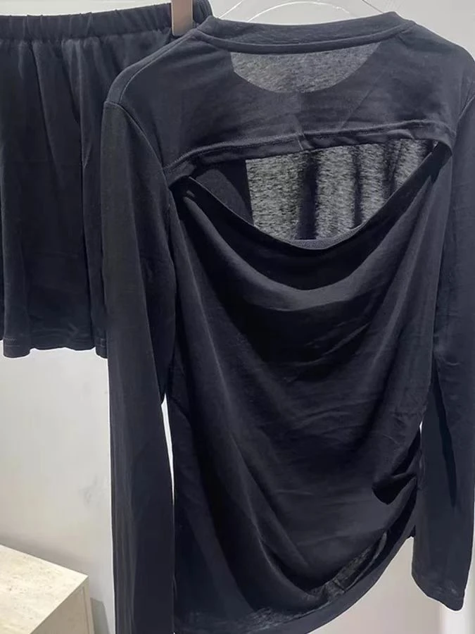 百搭老钱风女装镂空设计黑色小个子2025秋季新款长袖T恤打底小衫