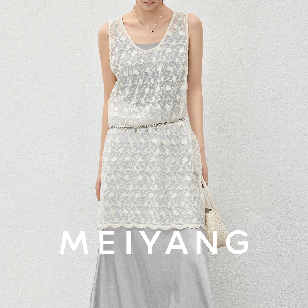 A美洋MEIYANG欧若风羽扇蕾丝背心休闲慵懒风网纱立体绣花无袖罩衫