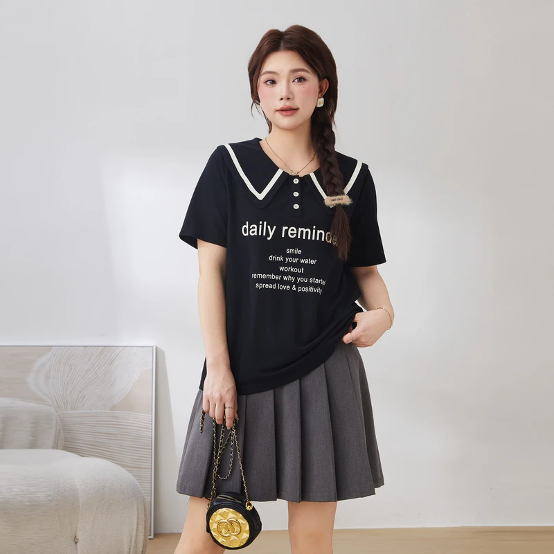 采多宝大码女装海军领字母印花百搭上衣 EXZ5008