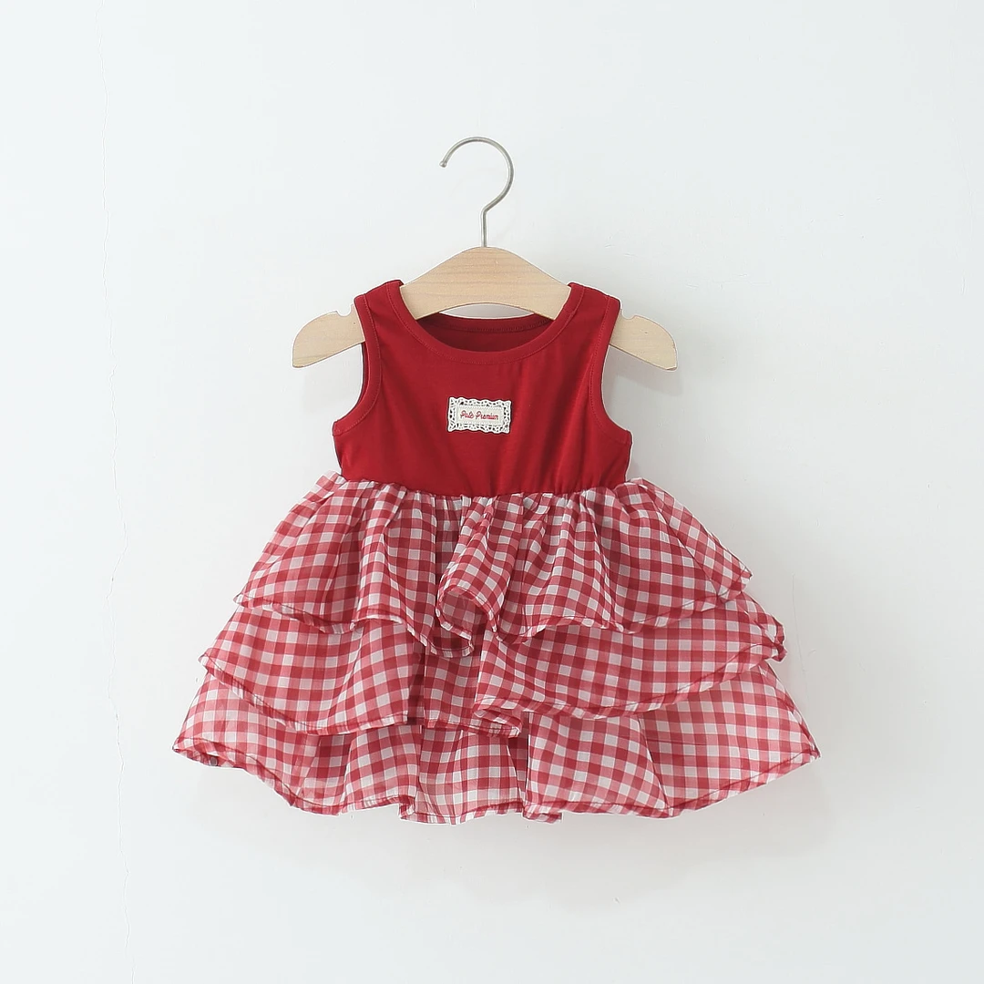 女童无袖连衣裙夏季婴儿童女宝宝格子蛋糕裙拼接背心公主裙子洋气