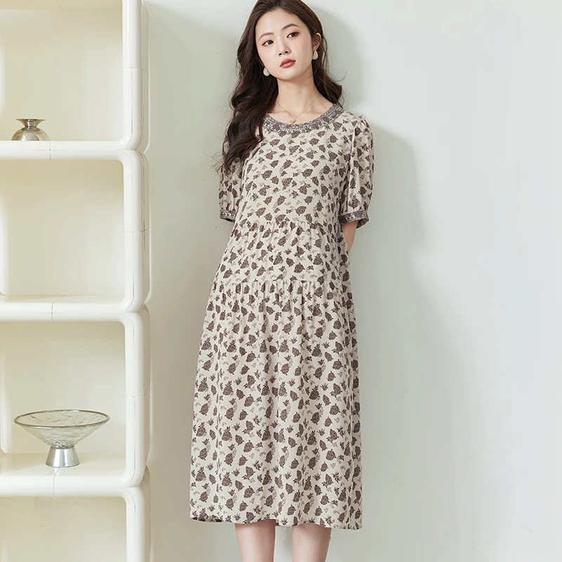 Q5119气质碎花桑蚕丝裙子女印花中长款真丝连衣裙夏