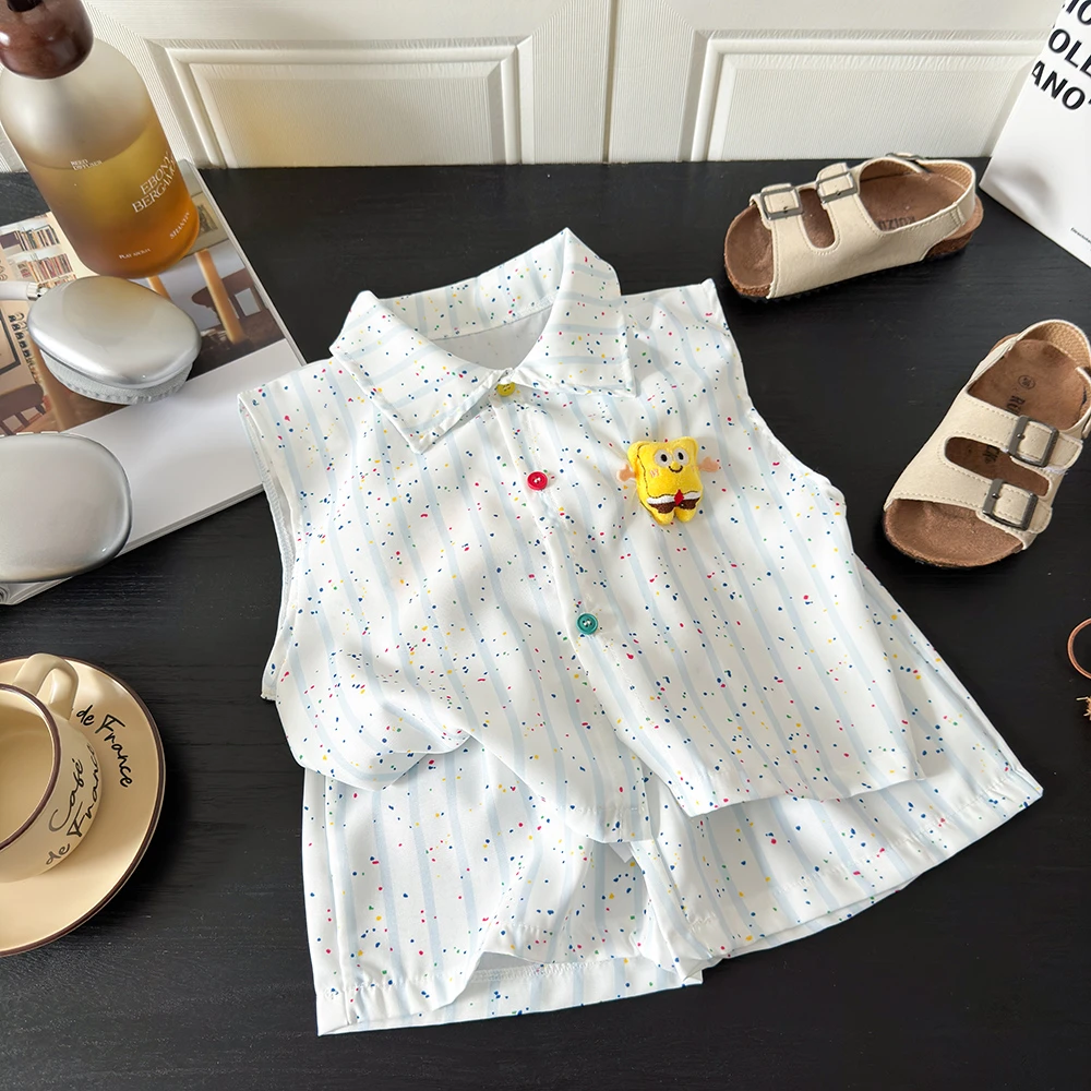 【玩偶套装】夏季新款儿童套装韩版男童时尚透气背心宝宝无袖两件套