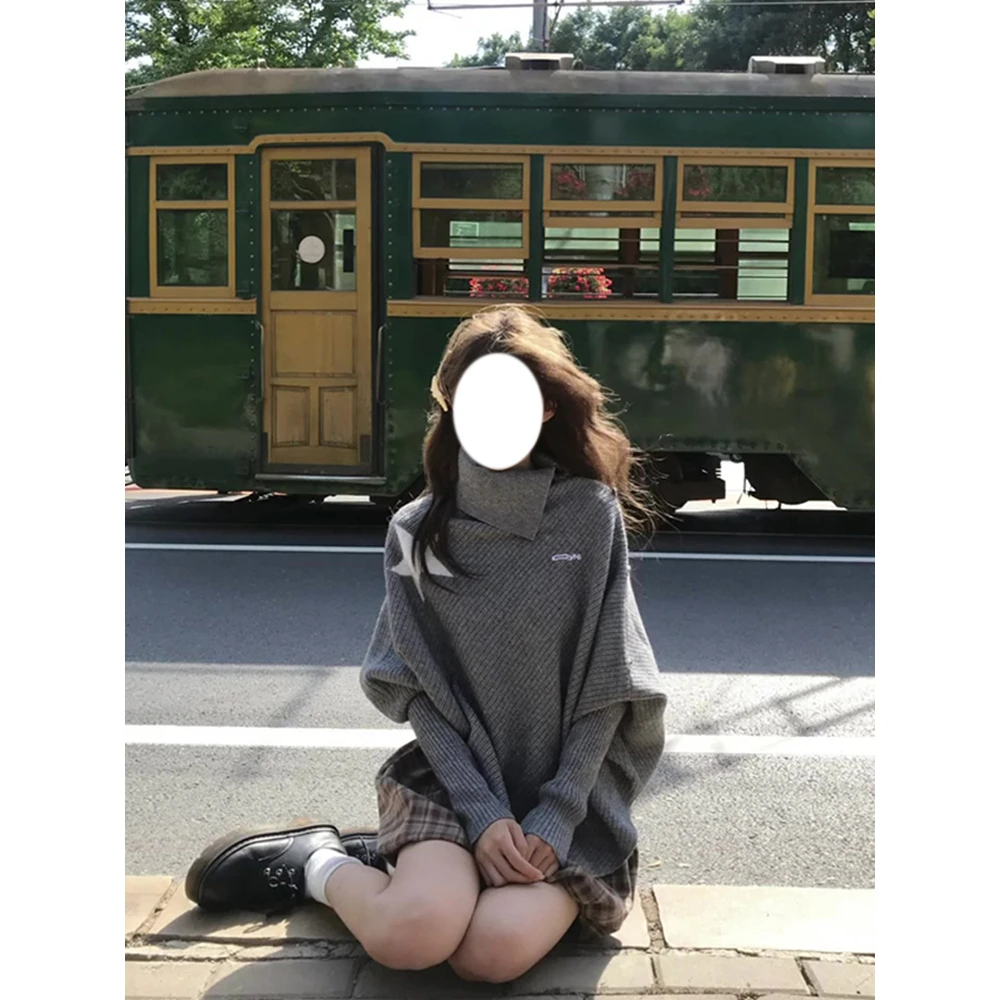 学院风穿搭一整套灰色高领不规则长袖针织衫毛衣女秋季格纹花苞裙
