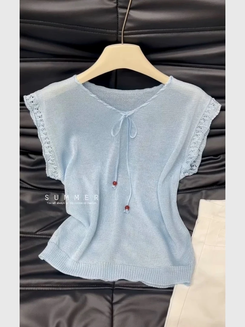 纯色木耳边系带冰丝针织背心女夏外穿独特漂亮掐腰修身小飞袖上衣