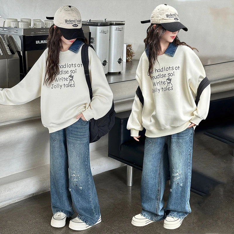 女童POLO衫卫衣牛仔裤套装2025秋季新款6-15岁大童洋气休闲两件套