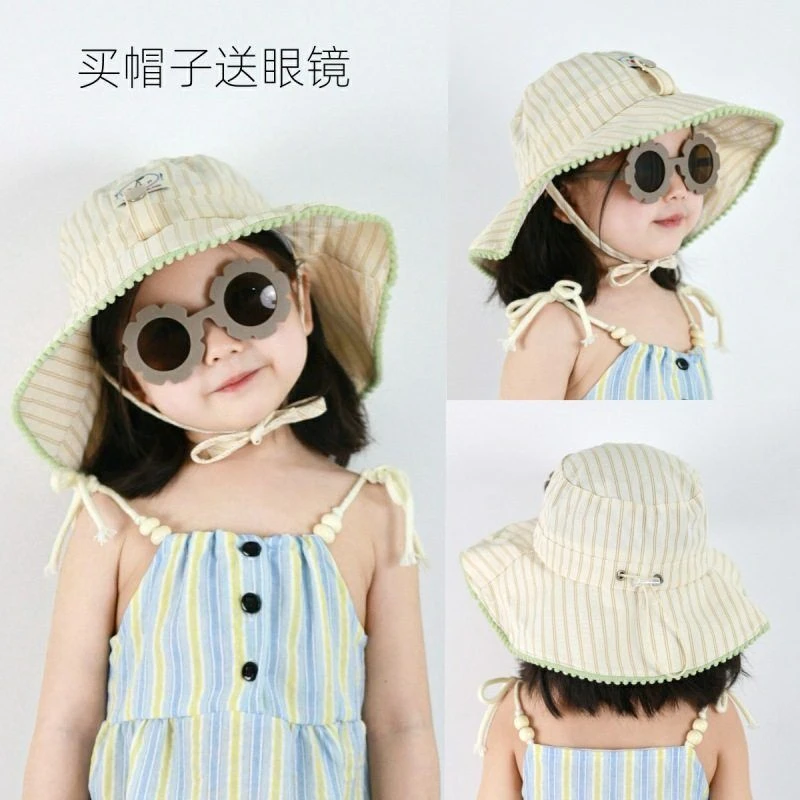 春夏薄款儿童帽子女宝宝遮阳防晒条纹渔夫帽婴幼儿出游大帽檐盆帽