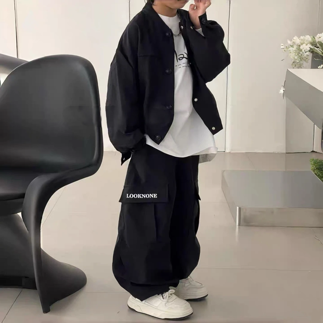 【秋款黑色套装】蒙蒙潮童2025秋新中大童街头潮酷风外套套装痞帅潮