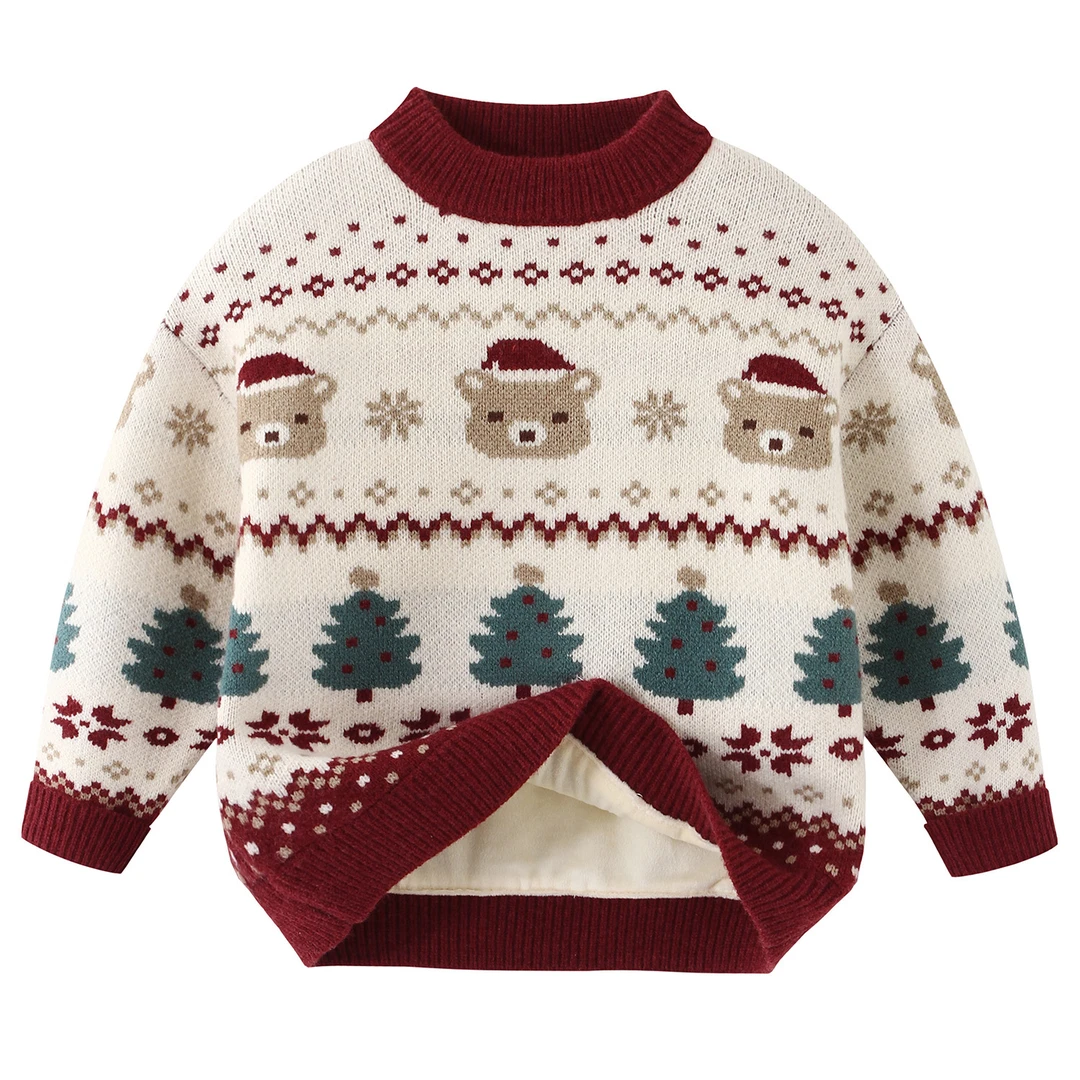 男童圆领毛衣红色新年装2025冬季儿童卡通毛线衣加绒拜年服8255