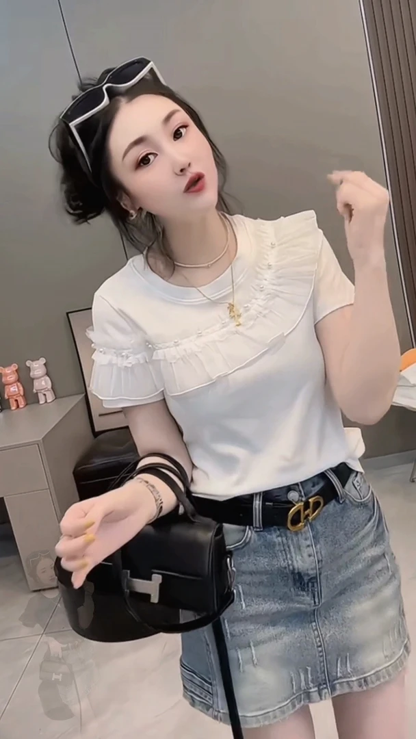 欧货高级感重工钉珠拼接荷叶边纯棉短袖T恤女修身洋气独特上衣夏