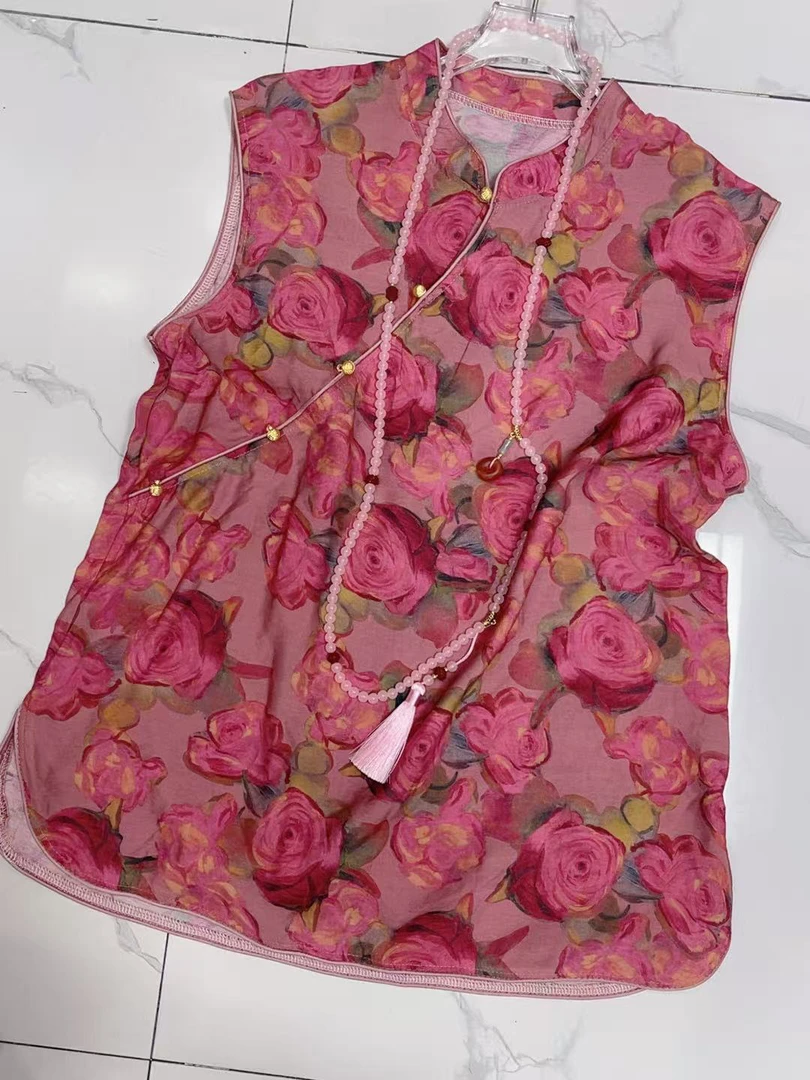 新中式国风女欧货2025年夏季新款立领印花无袖旗袍背心裙上衣