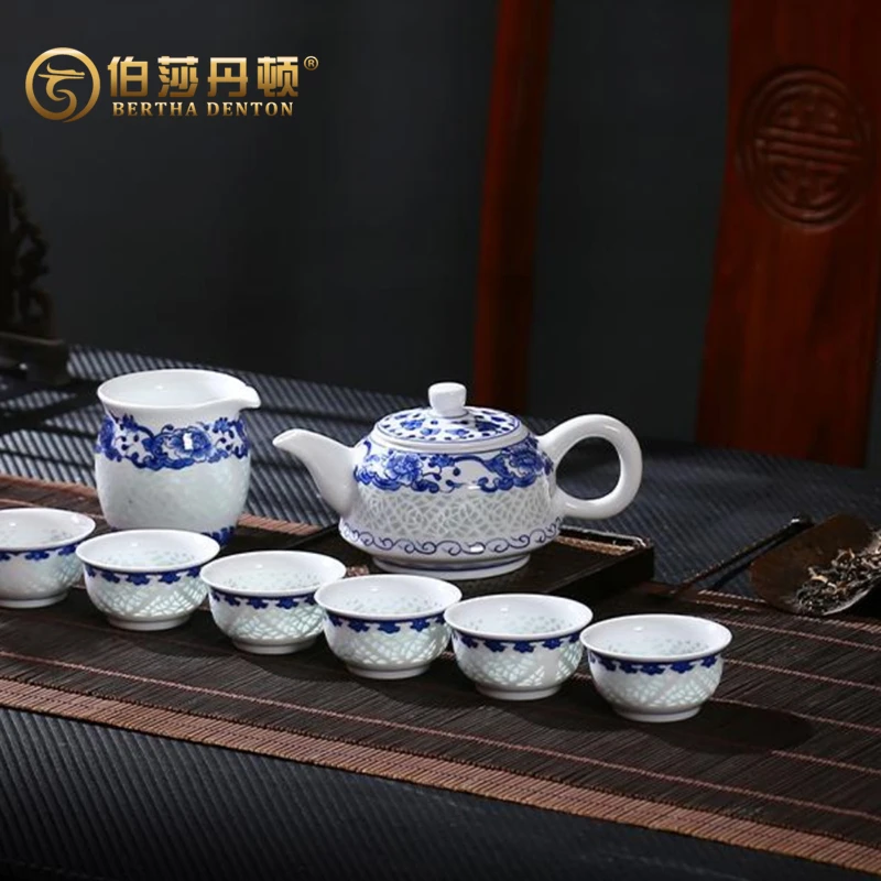 手绘青花缠枝莲玲珑陶瓷茶壶高档茶杯家用功夫茶具套装中式送礼