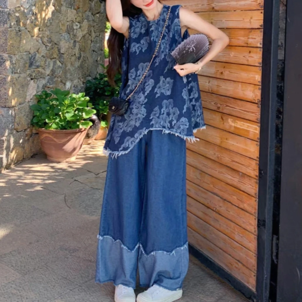 PERIKAS减龄牛仔套装夏复古中国风设计感洋气不规则慵懒套装7520