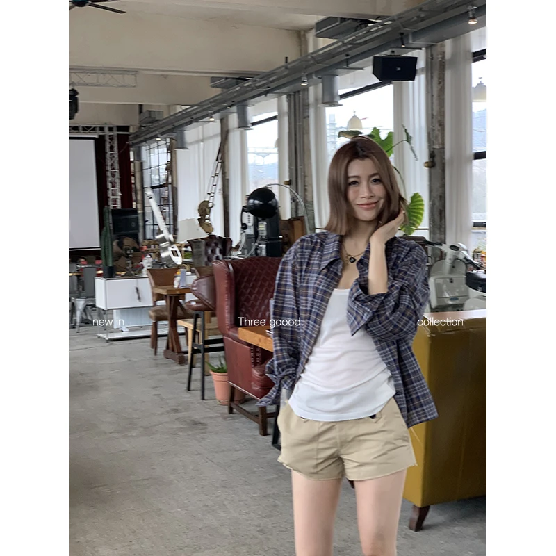 THREE GOOOD/三吉美式复古翻领长袖格子衬衫上衣女Y725C01958