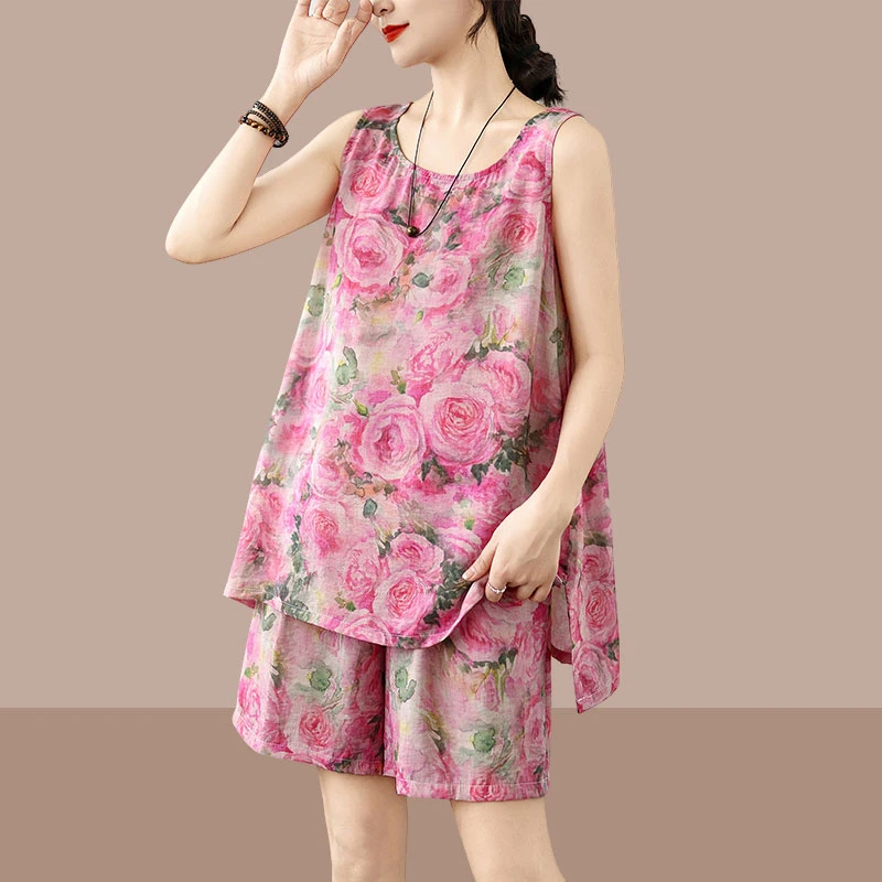 夏季时尚新款新中式国风麻印花无袖宽松背心+宽松显瘦短裤套装女