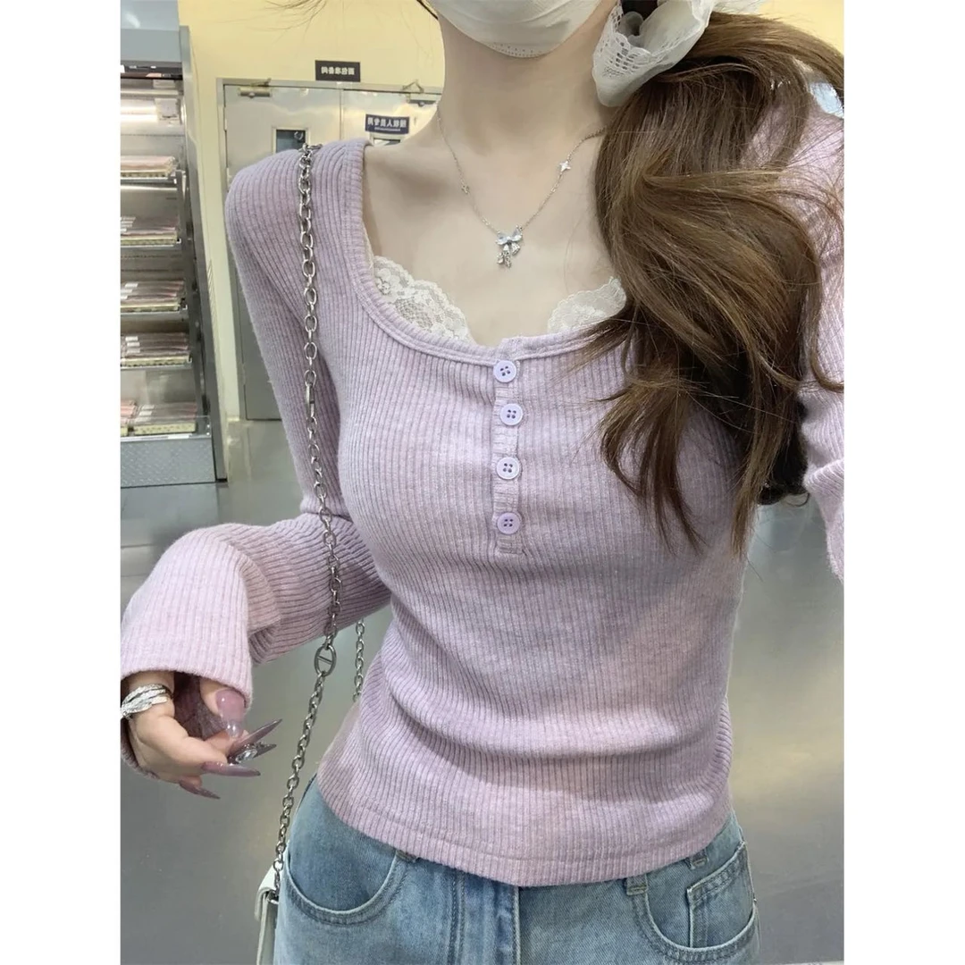 韩系纯欲风蕾丝拼接方领纽扣设计感短款百搭长袖T恤女8271#0.13