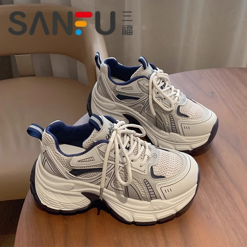 三福超火老爹鞋女2025新款春夏百搭小个子增高厚底松糕休闲运动鞋