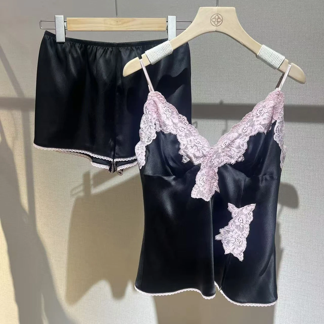 【老板娘自播】100%桑蚕丝重磅蕾丝吊带短裤套装大码T2309