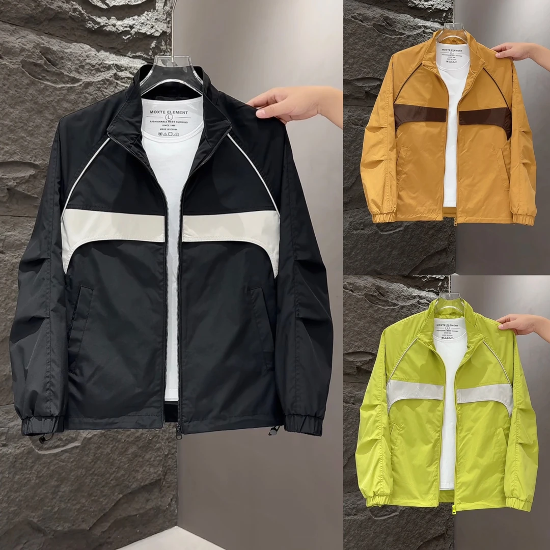 早秋新款简约时尚拼色百搭运动立领夹克男士高级潮流宽松休闲外套