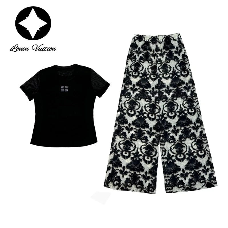 【威尼斯买手店-A】3D浮雕印花长裤+短袖防晒T恤女士套装