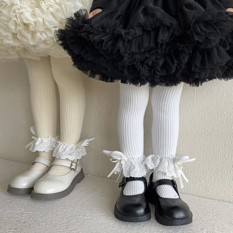 新品设计师款兔耳蝴蝶结花边女儿童宝宝棉打底裤袜女