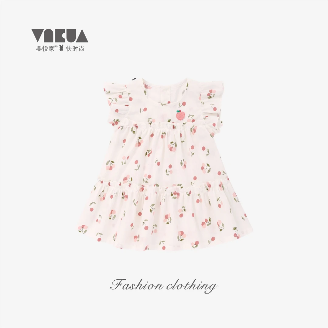 婴悦家夏季女宝时尚洋气甜美小童泡泡袖樱桃小粉连衣裙 87337