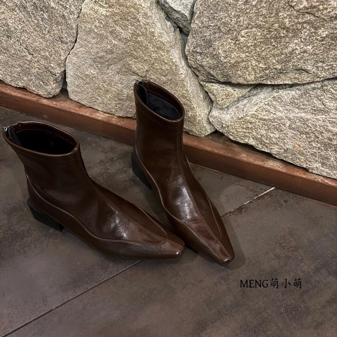 99-12时装靴粗跟靴黑色尖头短靴气质弹力女鞋秋季