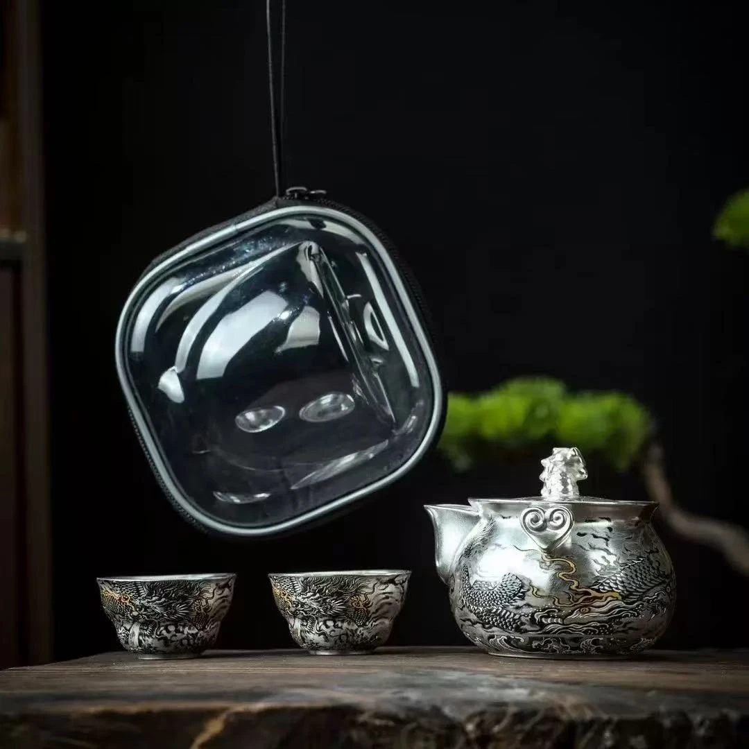 秋香茶具 墨龙手抓一壶两杯银旅行茶具户外便捷式快客杯-5776