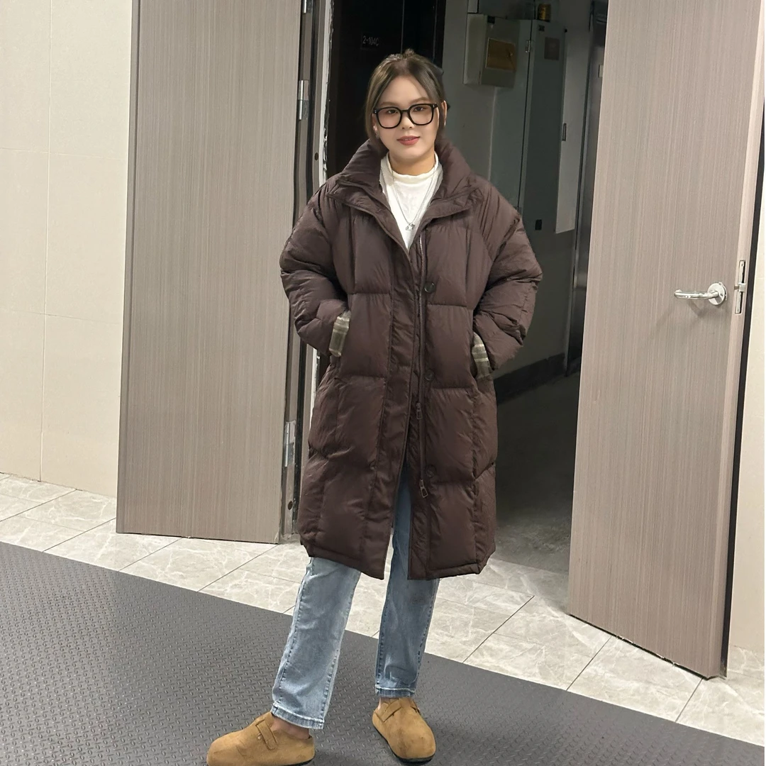 菀迩大码羽绒服90绒格子布宽松显瘦H版型胖mm200-300斤秋冬新款