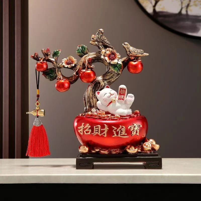 柿柿如意招财猫创意摆件玄关书房新中式装饰品乔迁新居家用摆设