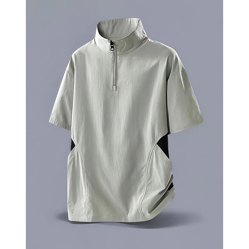 【300斤可穿】美式半拉链短袖夏季冰感立领t恤速干透气跑步运动衬衫