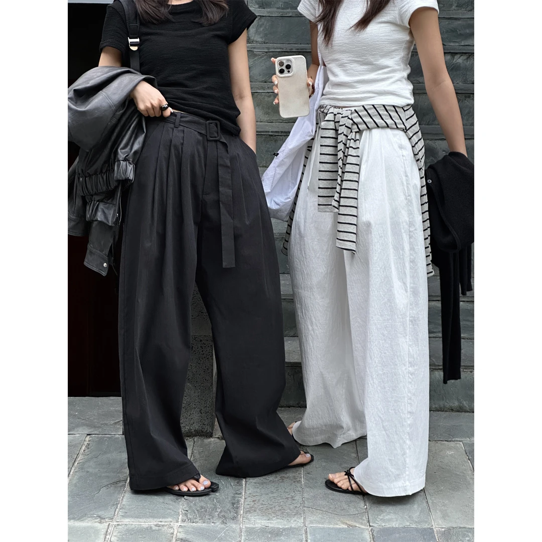 设计感高腰显瘦拖地阔腿休闲裤女2025春夏新款配腰带