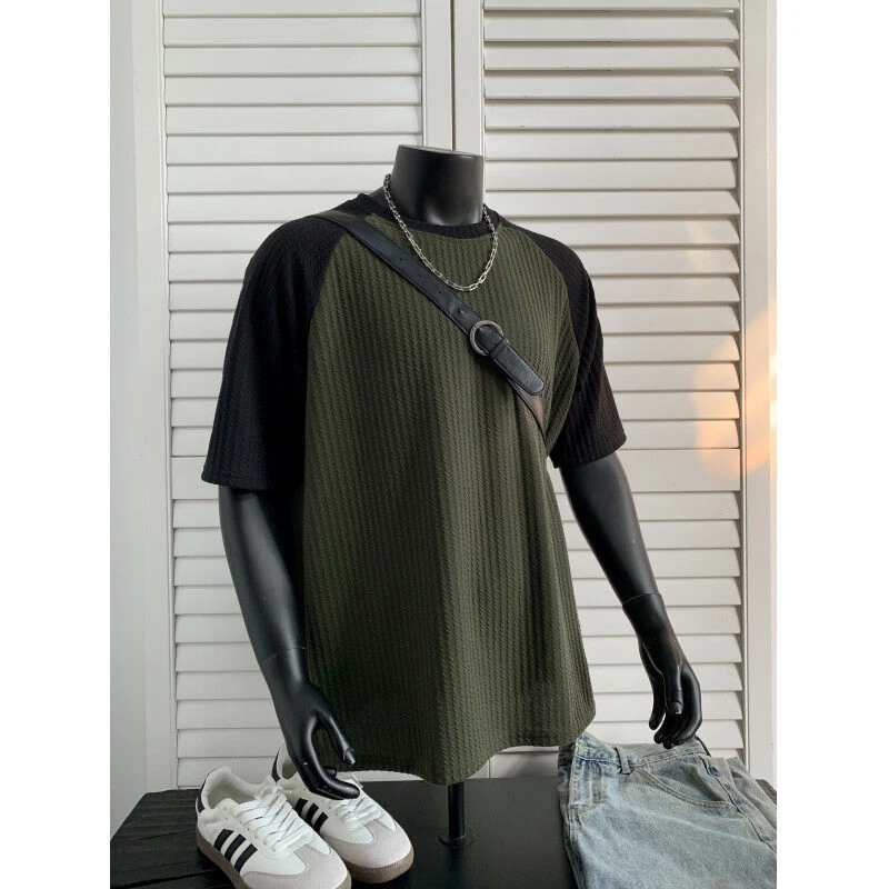 肌理感拼色重磅短袖t恤男款夏季美式潮牌oversize宽松五分半中袖