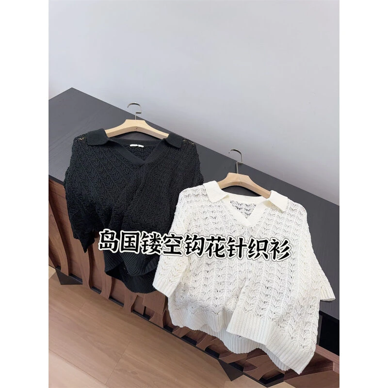 岛国单 镂空钩花 poloV领针织衫女