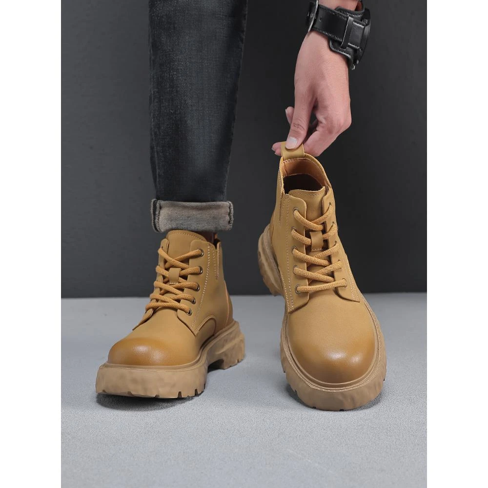 Bambetel秋冬新款马丁靴男工装短靴皮面靴子高帮休闲男鞋厚底百搭