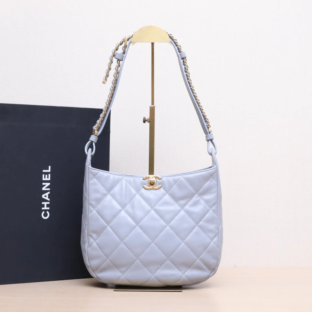 95新 Chanel/香奈儿 【黑黑】23B 双链条 HOBO嬉皮单肩包 灰色