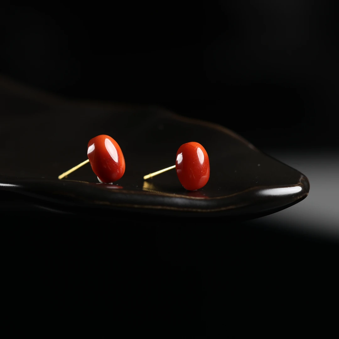 “红豆”原创设计精品天然原矿南红火焰纹耳饰